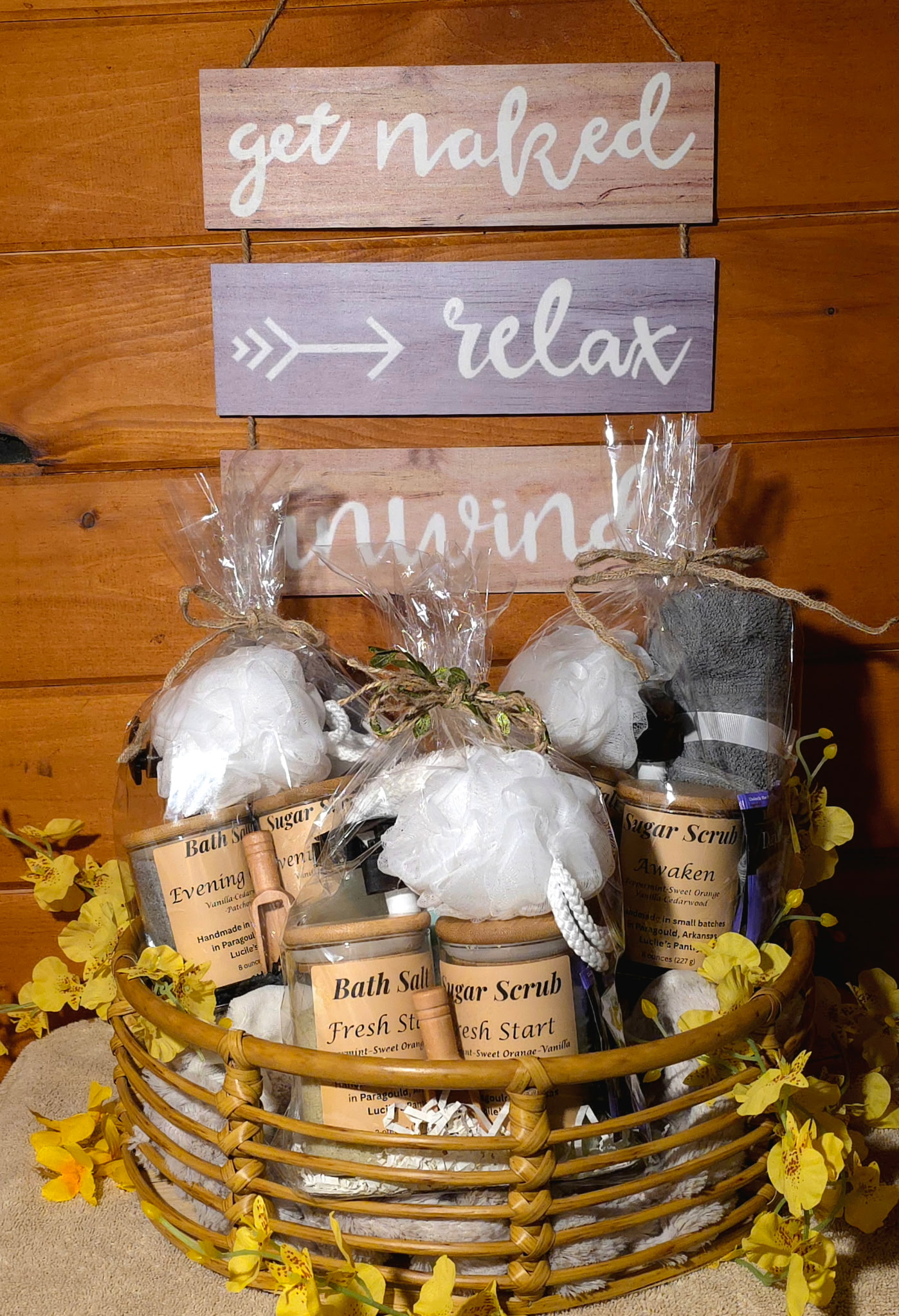 Beautiful basket display of multiple spa gift sets