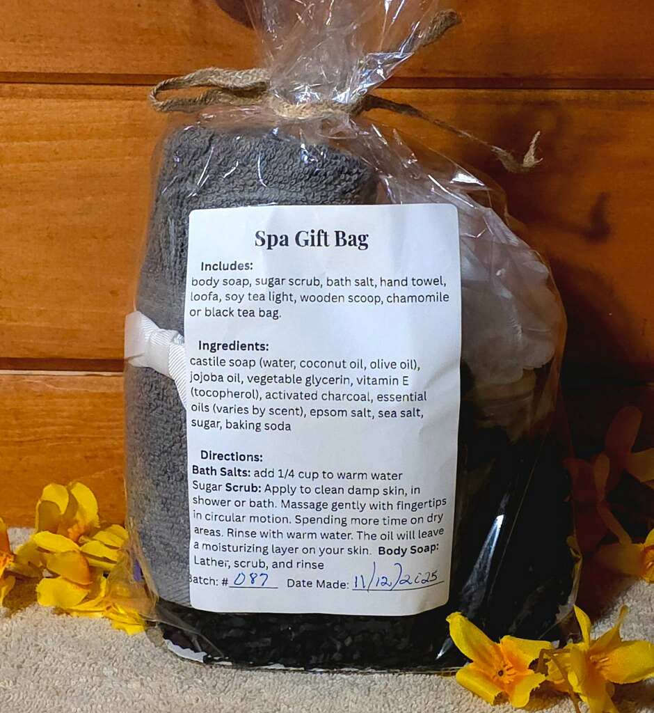 Complete Spa Gift Bag with label showing all contents